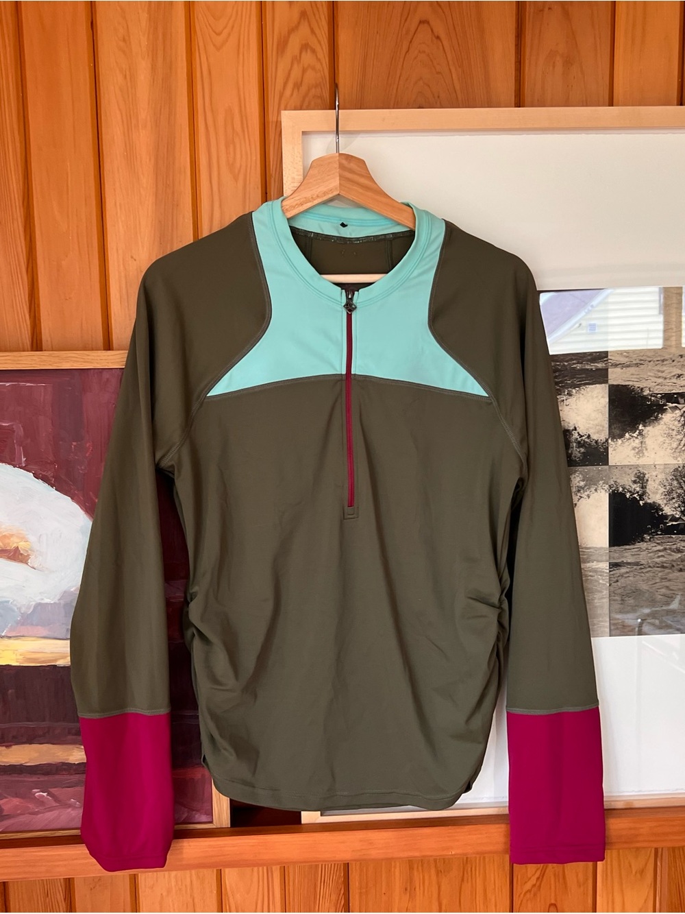 Women’s Prana Olive and Mint Long-Sleeve Swim Top with Magenta Cuffs